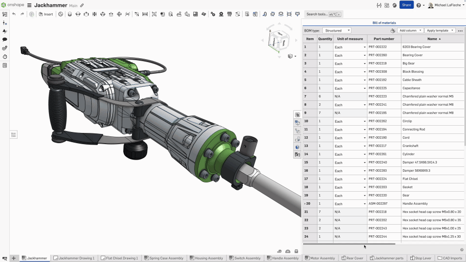 onshape horizontale scrolleiste in bom