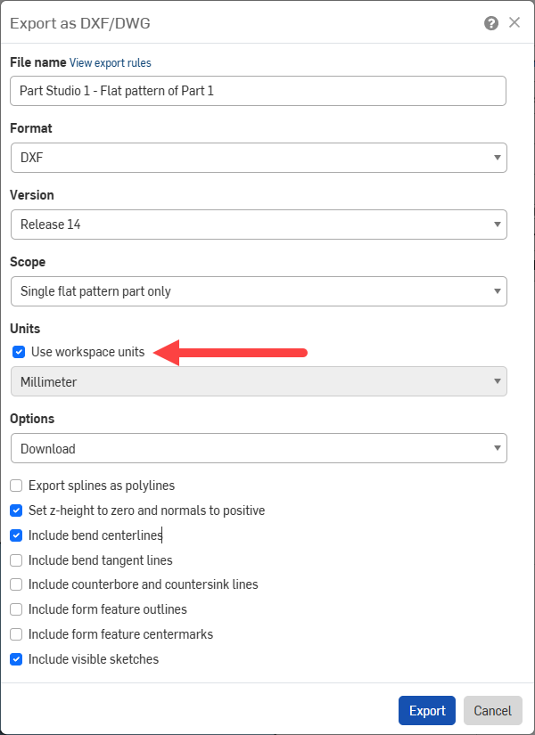 Onshape DXF-Export mit Option