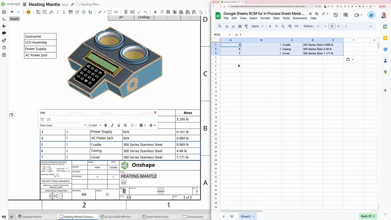 Onshape Tabellendaten kopieren einfügen