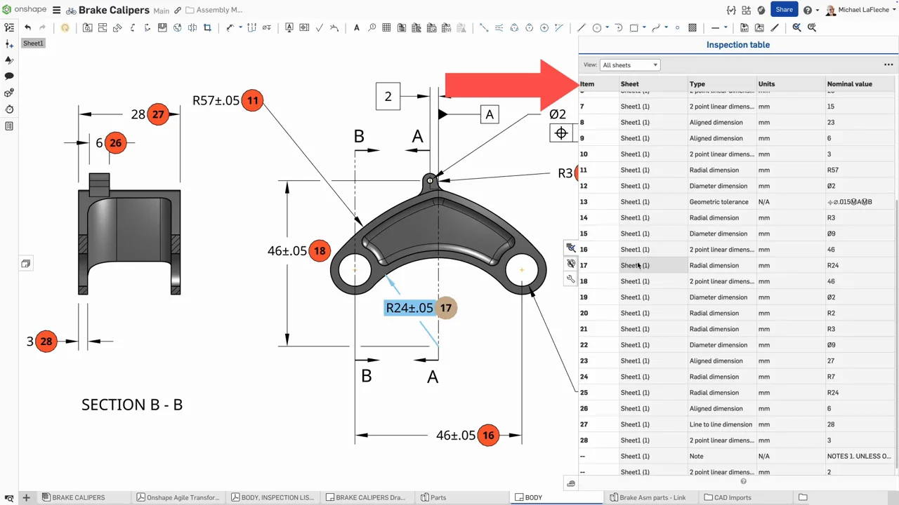 Onshape festgesetzte Kopfzeile Prüftabelle